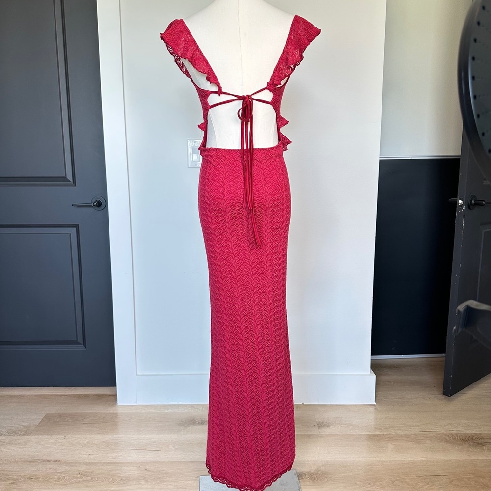 Red Lace Column Maxi Dress Cutout Peplum Ruffled Sleeves Romantic Feminine Sz L - Picture 3 of 9